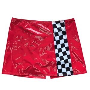 Small Red PVC Shiny Mini Skirt Black White Checkered Race Detail Club Rave